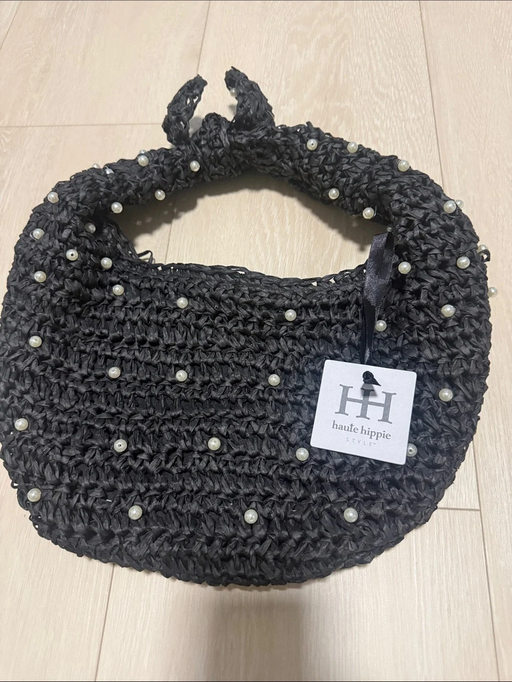 Haute Hippie Charcoal Gray Pearl-Embellished Woven Hobo